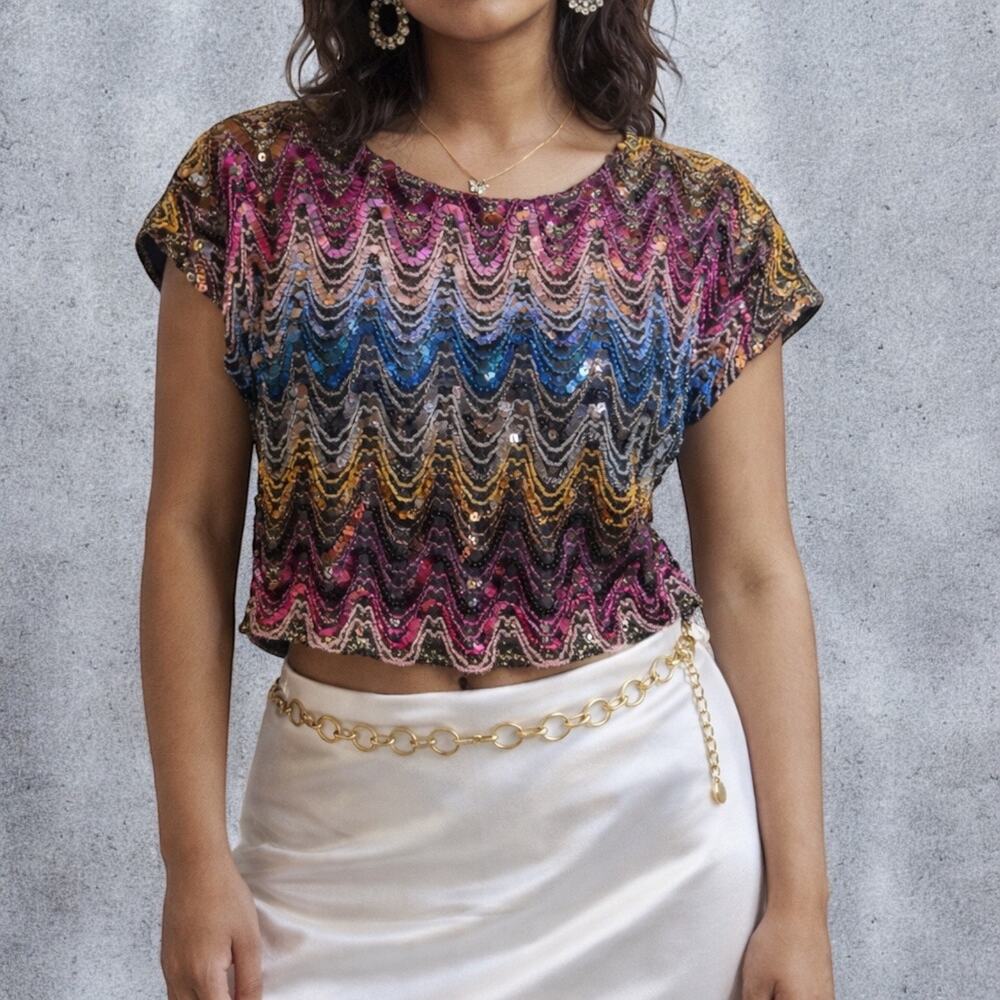Vintage 1970s Sequin Zigzag Cropped Top Disco Glam Made in USA Medium